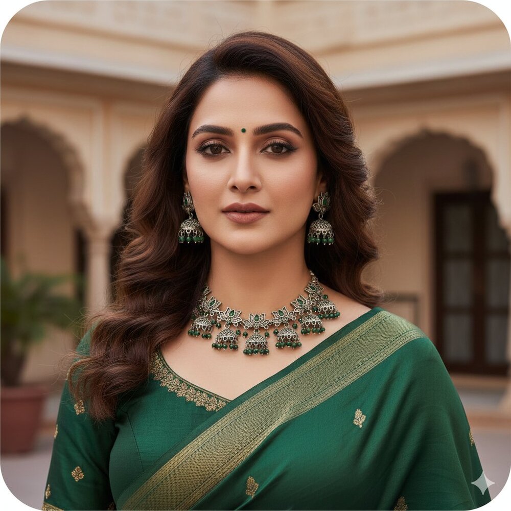 Exquisite Emerald Lotus Jhumka Necklace Set